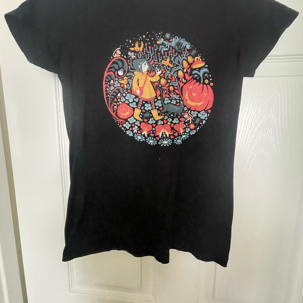 Coraline Black Graphic T-Shirt with Colorful Fall Design - Picture 1 of 2